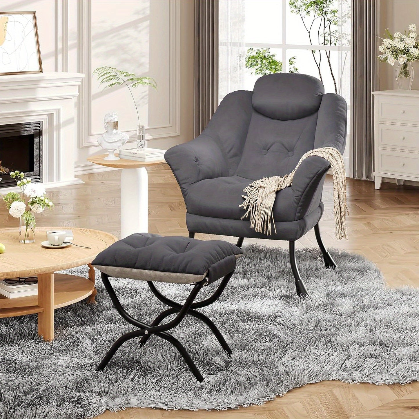 TOWALLMARK Modern Lazy Chair with Ottoman - Ergonomic Armrests, Side Pocket & Footrest, Hardwood Frame & Metal Base, Mixed Color Upholstery,