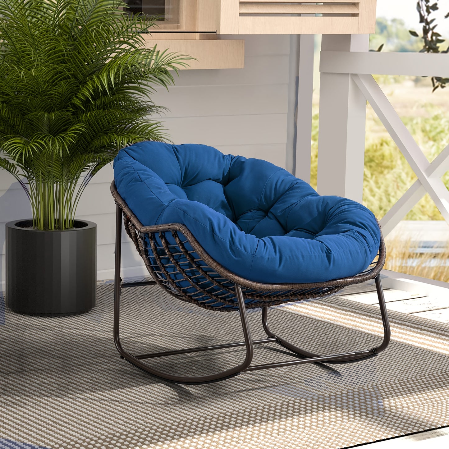 HOMEFUN Outdoor Rattan Rocking Chair with Padded Cushion - Ergonomic Recliner for Front Porch, Living Room, Patio & Garden - Durable Metal Frame, Polished Finish,