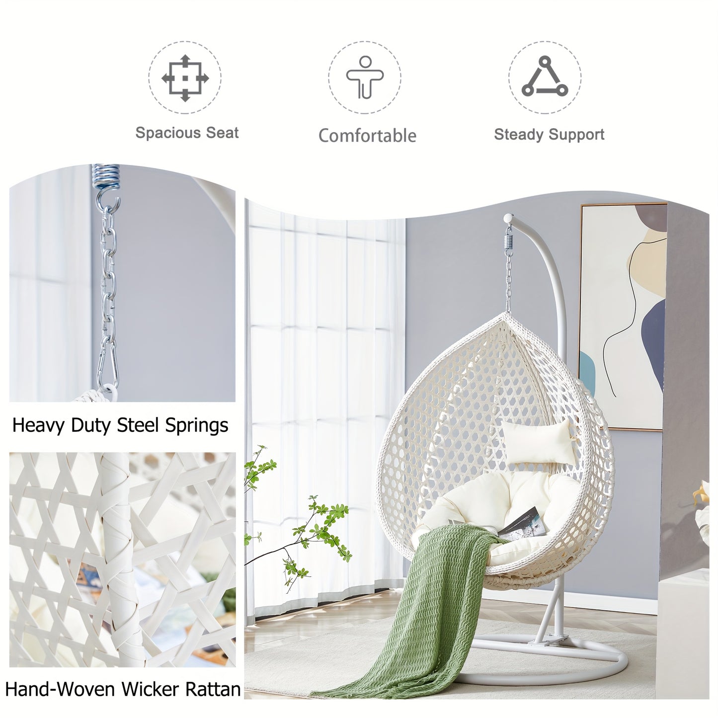 Egg Chair Indoor, Hanging Egg Chair With Stand, Egg Chair Outdoor With Cushions And Pillows, Egg Swing Chair, Stylish Design, Sturdy And Durable, Soft And Comfortable,