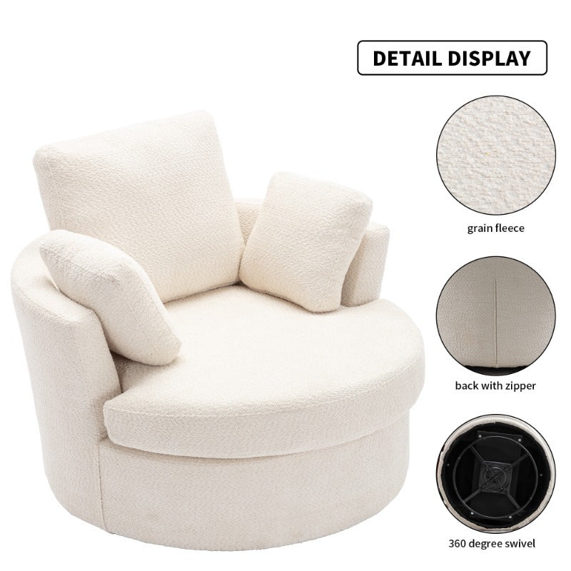 Extra Large 360° Swivel Chair - Cozy Club Style with 3 Pillows, Beige Fabric, Round Design for Living Room, Lounge, or Hotel Use, 40.2D X 42.1W X 34.3H Inch,