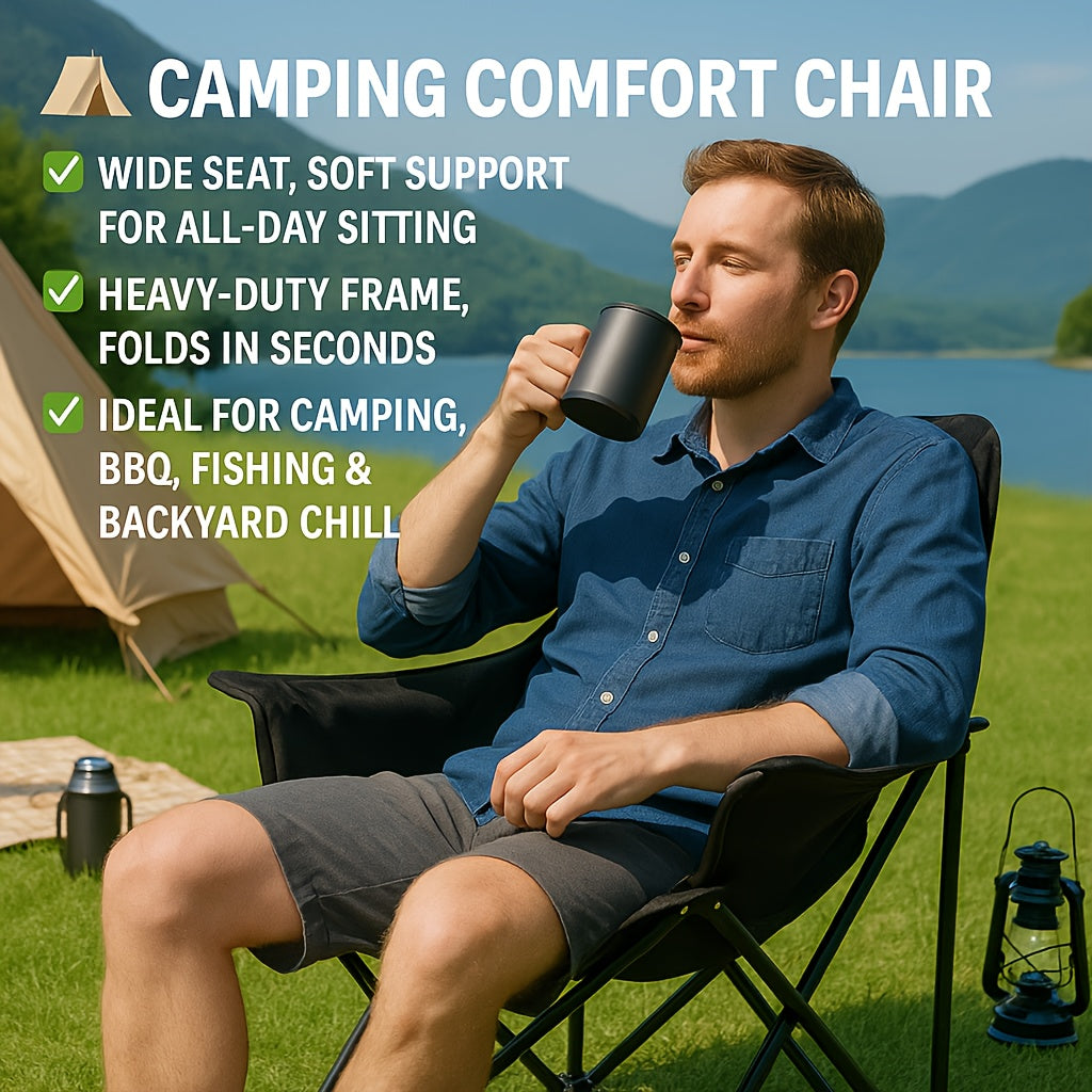 Foldable Black Outdoor Camping Chair with Thickened Oxford Fabric and Sturdy Steel Frame, Lightweight Anti-Slip Design, Suitable for Camping, Lakeside Fishing, Hiking,