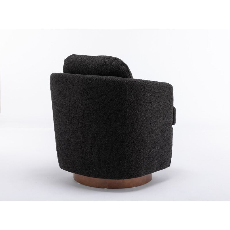 Modern Boucle Fabric Swivel Accent Chair - Black Upholstery, 360-Degree Swivel & Ergonomic Design, No Assembly Required, Solid Brown Base Legs for Living Room,