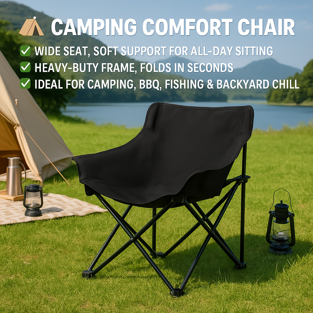 Foldable Black Outdoor Camping Chair with Thickened Oxford Fabric and Sturdy Steel Frame, Lightweight Anti-Slip Design, Suitable for Camping, Lakeside Fishing, Hiking,