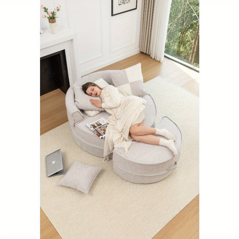 Soft Chenille Barrel Chair with 5 Pillows & Ottoman - Oversized Round Accent Lounge Sofa, Retro Style Plush Gray Fabric, Durable Non-Wood Construction for Living Room, Bedroom, Reading Nook