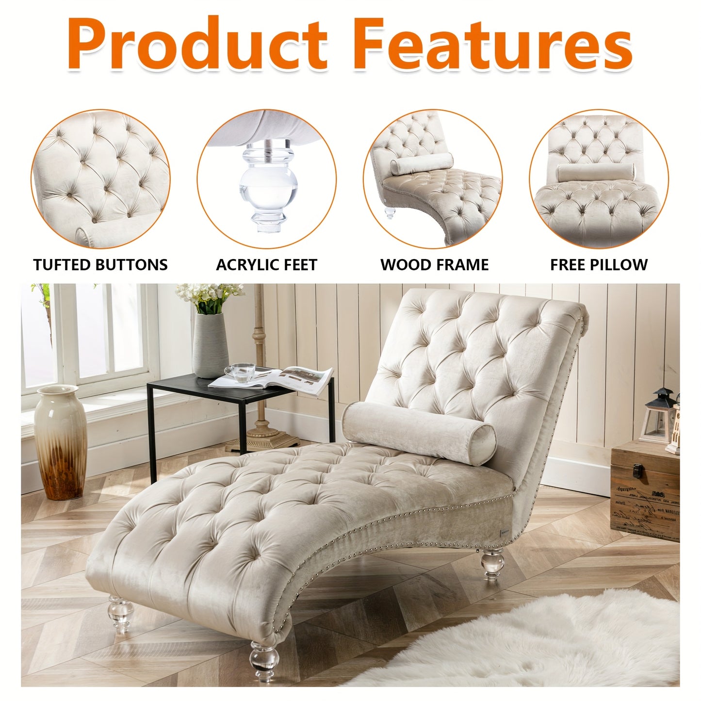 Velvet Chaise Lounge Indoor, Button-Tufted Upholstered Chaise Lounge Chair with Pillow for Bedroom Living Room Office