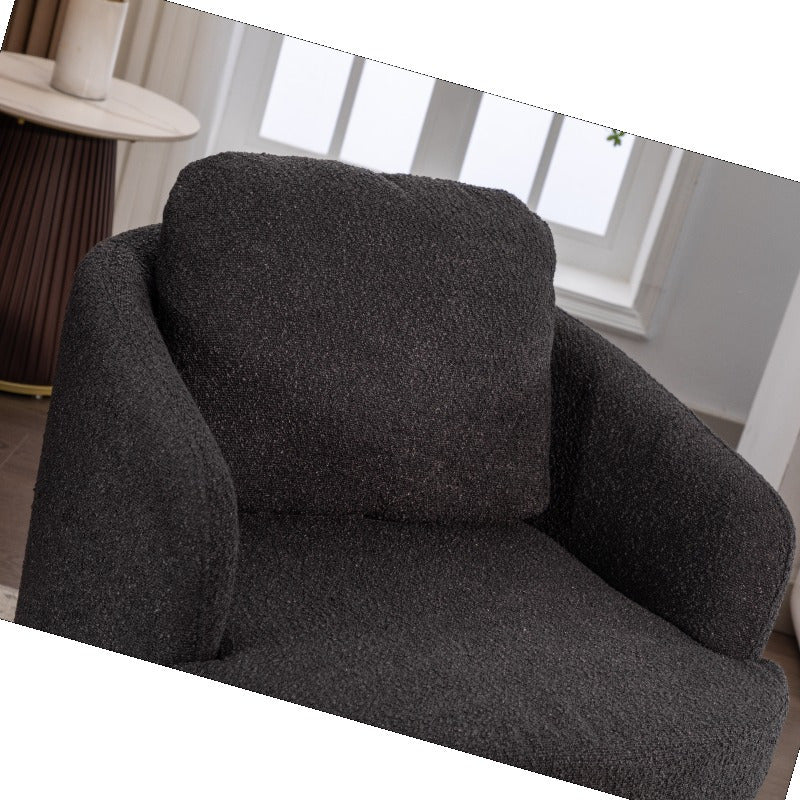 Modern Boucle Fabric Swivel Accent Chair - Black Upholstery, 360-Degree Swivel & Ergonomic Design, No Assembly Required, Solid Brown Base Legs for Living Room,