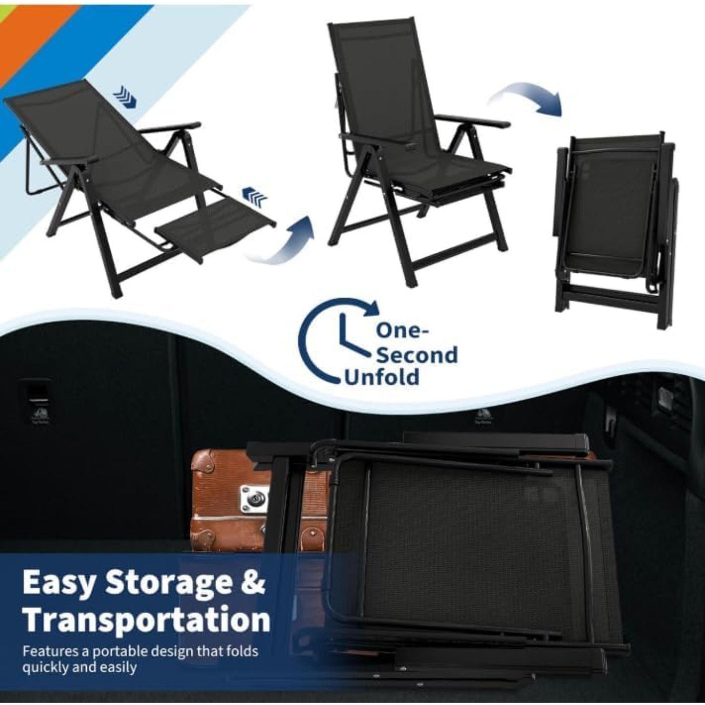 1pc MERXENG Heavy Duty Adjustable Reclining Folding Chair with Foot Rest & Widened Armrests - Durable Metal Frame, Manual Handle Adjustment, Foldable Design