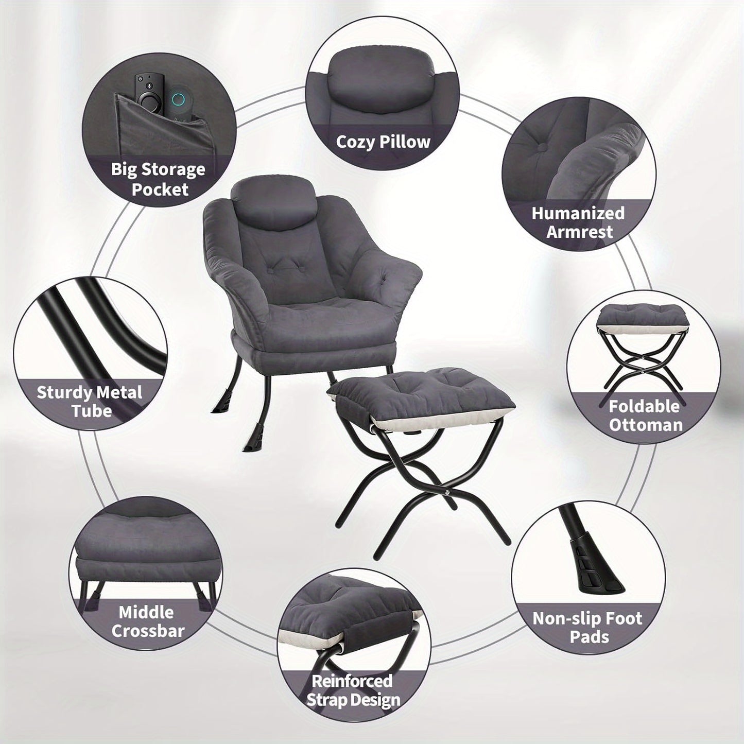 TOWALLMARK Modern Lazy Chair with Ottoman - Ergonomic Armrests, Side Pocket & Footrest, Hardwood Frame & Metal Base, Mixed Color Upholstery,
