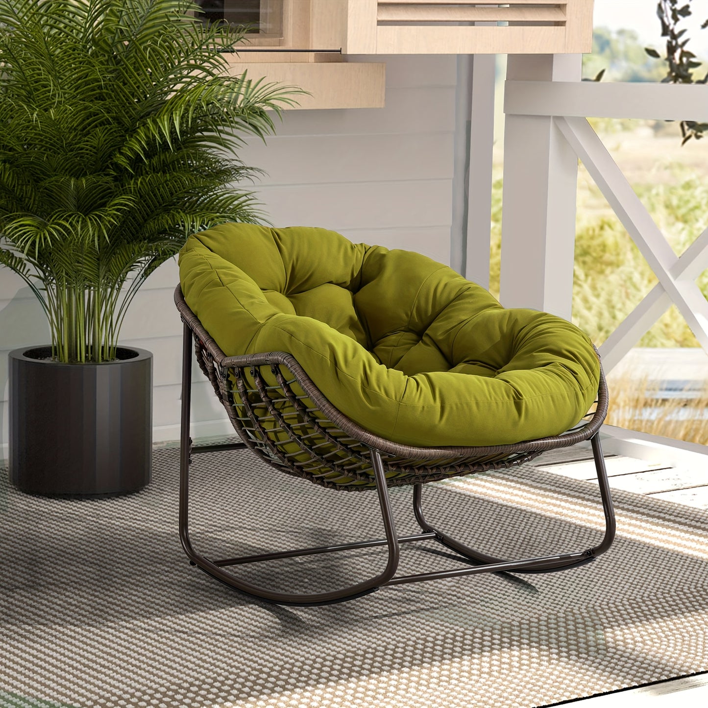 HOMEFUN Outdoor Rattan Rocking Chair with Padded Cushion - Ergonomic Recliner for Front Porch, Living Room, Patio & Garden - Durable Metal Frame, Polished Finish,