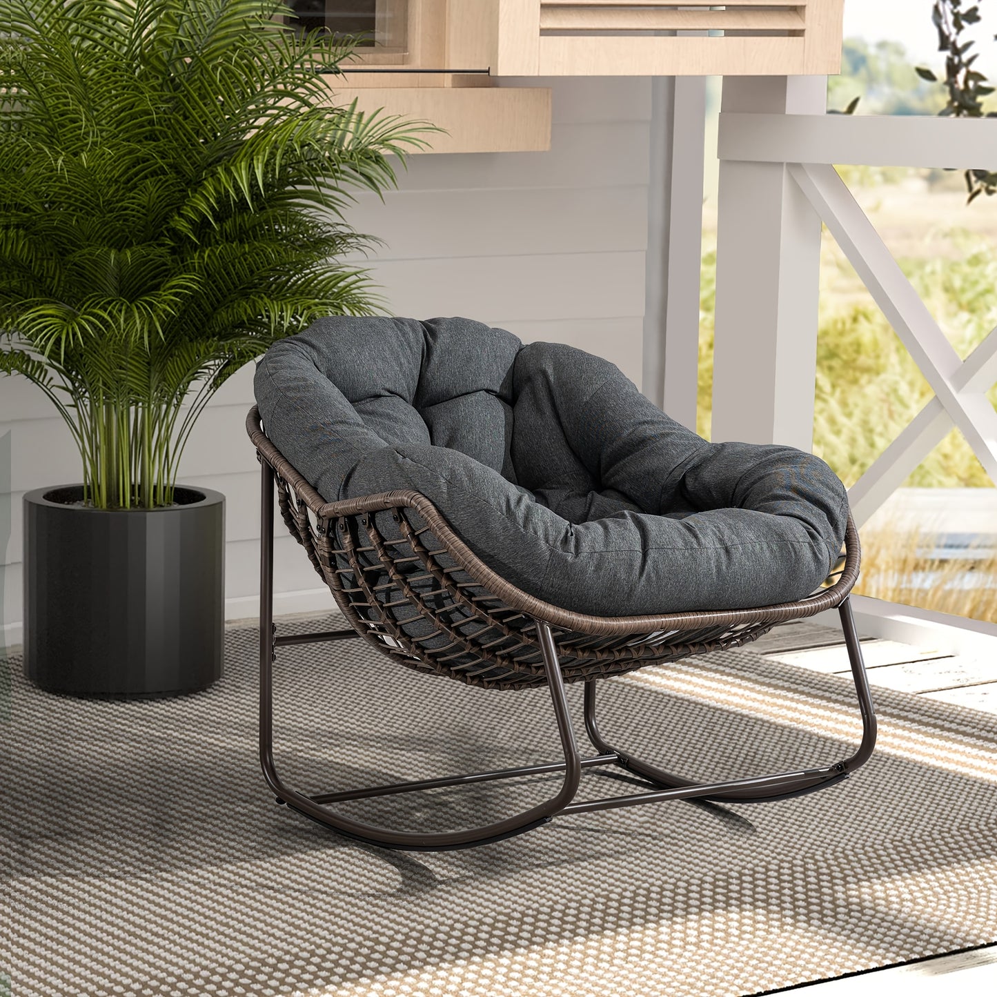 HOMEFUN Outdoor Rattan Rocking Chair with Padded Cushion - Ergonomic Recliner for Front Porch, Living Room, Patio & Garden - Durable Metal Frame, Polished Finish,