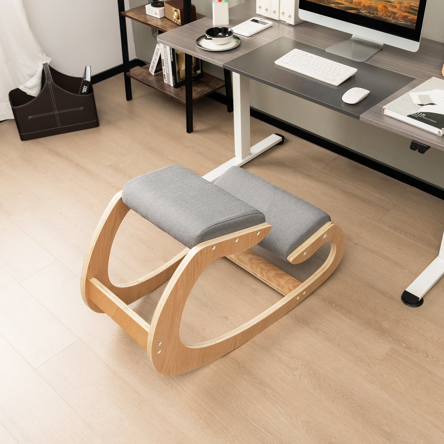 MAXMASS Ergonomic Kneeling Chair - Solid Wood Rocking Posture Stool with High-Density Sponge & Breathable Polyester Fabric, 330 lbs Capacity, Grey - Improves Posture,