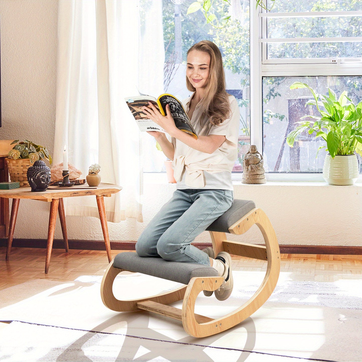 MAXMASS Ergonomic Kneeling Chair - Solid Wood Rocking Posture Stool with High-Density Sponge & Breathable Polyester Fabric, 330 lbs Capacity, Grey - Improves Posture,