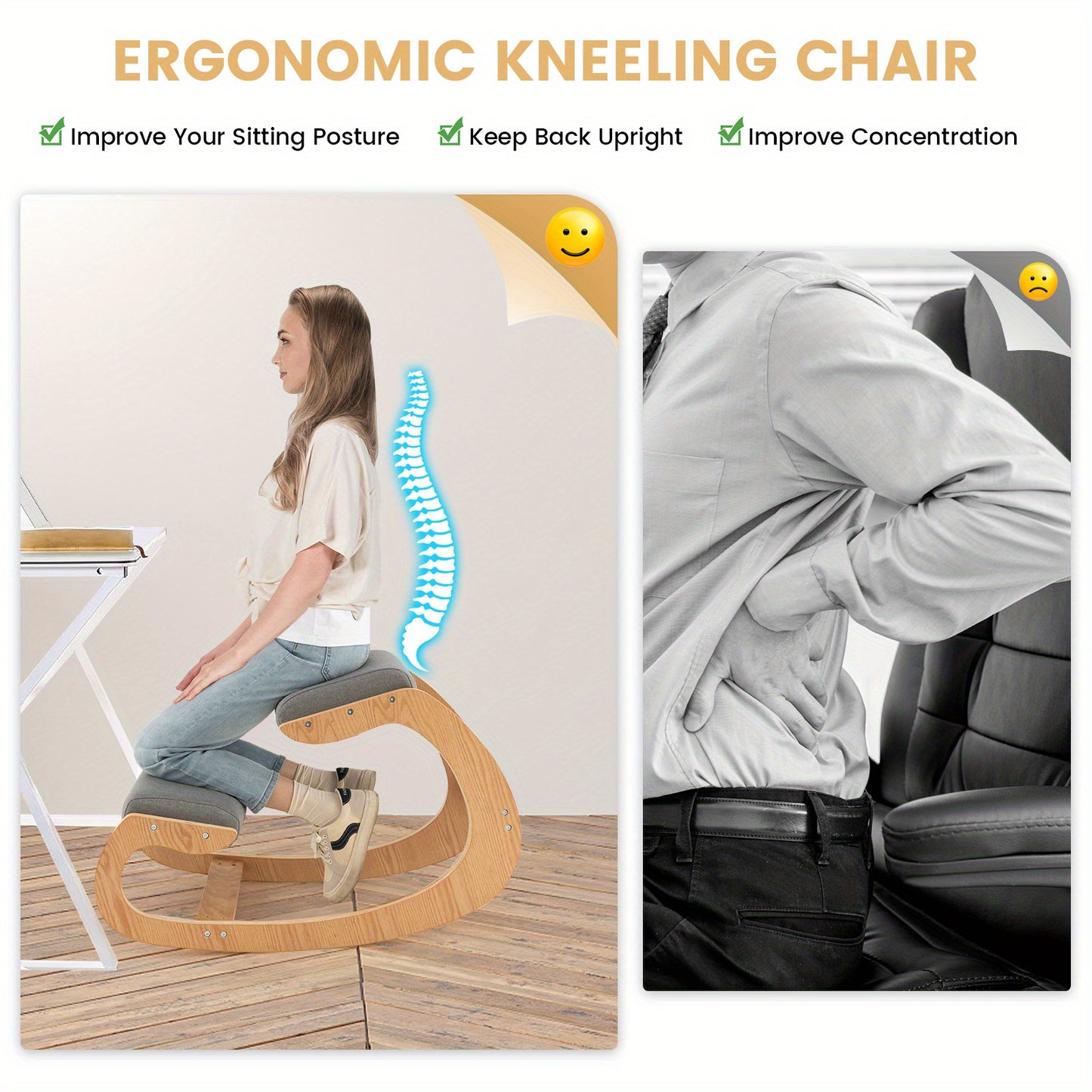 MAXMASS Ergonomic Kneeling Chair - Solid Wood Rocking Posture Stool with High-Density Sponge & Breathable Polyester Fabric, 330 lbs Capacity, Grey - Improves Posture,
