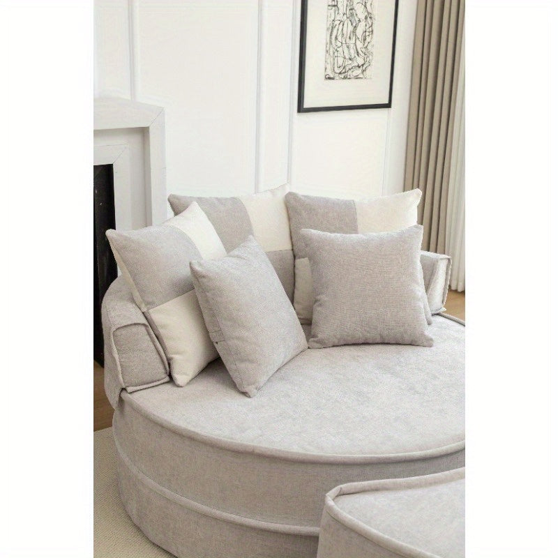 Soft Chenille Barrel Chair with 5 Pillows & Ottoman - Oversized Round Accent Lounge Sofa, Retro Style Plush Gray Fabric, Durable Non-Wood Construction for Living Room, Bedroom, Reading Nook