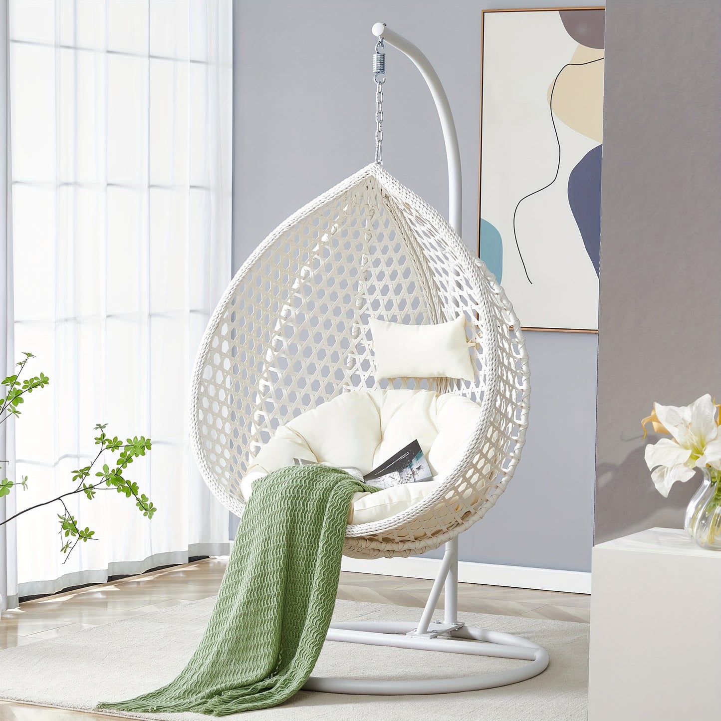 Egg Chair Indoor, Hanging Egg Chair With Stand, Egg Chair Outdoor With Cushions And Pillows, Egg Swing Chair, Stylish Design, Sturdy And Durable, Soft And Comfortable,
