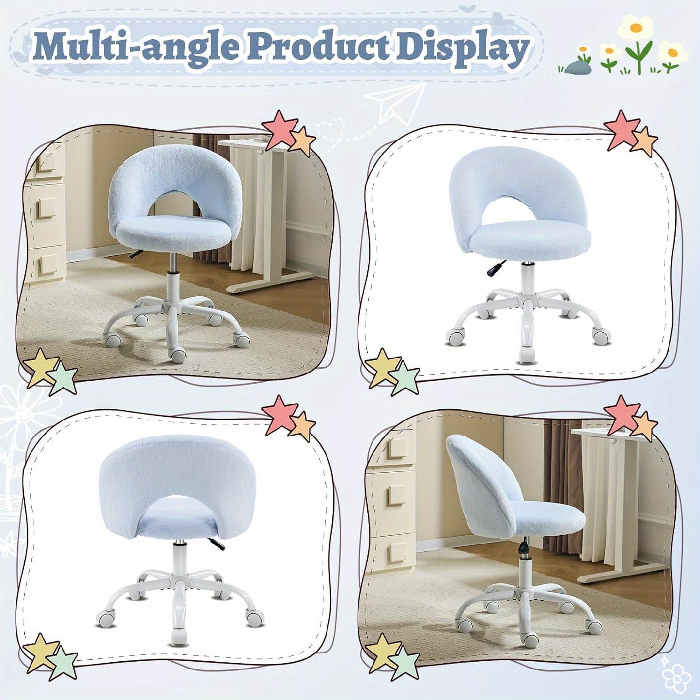 Small Size Living Room Lounge Chair with Faux Fur Cute Dressing Chair, Adjustable Height Armless Desk Chair, 360° Rotation and Comfortable Rolling, Suitable for Study,