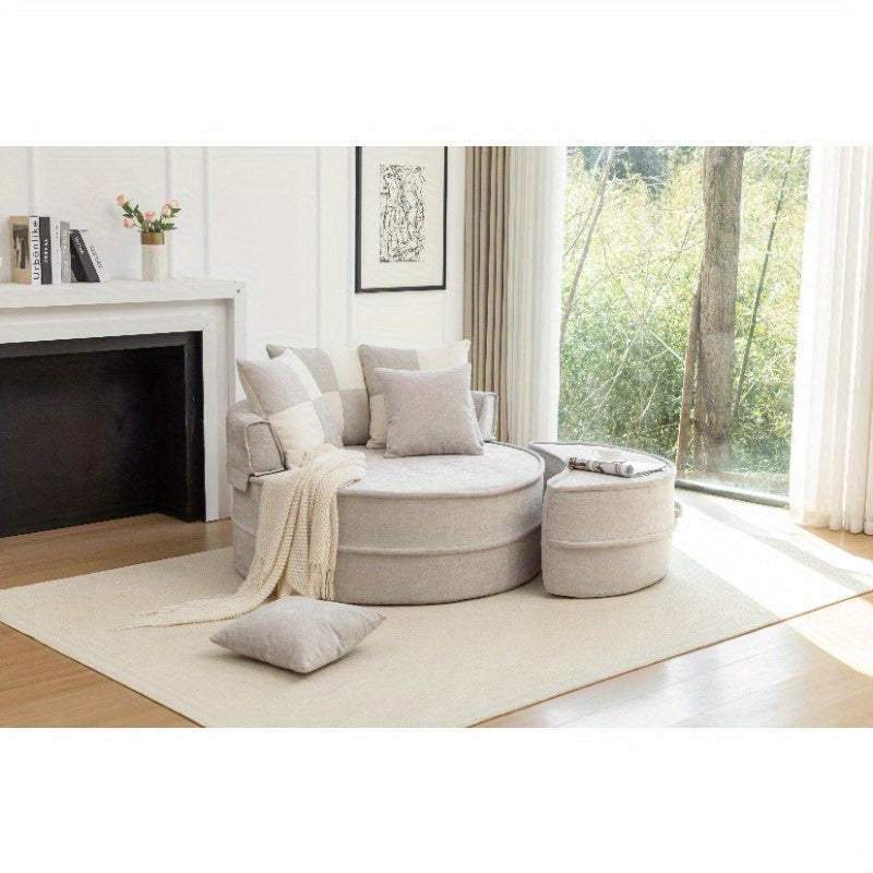 Soft Chenille Barrel Chair with 5 Pillows & Ottoman - Oversized Round Accent Lounge Sofa, Retro Style Plush Gray Fabric, Durable Non-Wood Construction for Living Room, Bedroom, Reading Nook