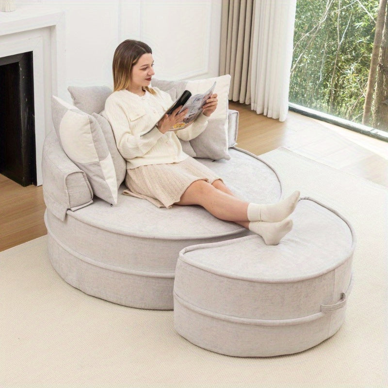 Soft Chenille Barrel Chair with 5 Pillows & Ottoman - Oversized Round Accent Lounge Sofa, Retro Style Plush Gray Fabric, Durable Non-Wood Construction for Living Room, Bedroom, Reading Nook