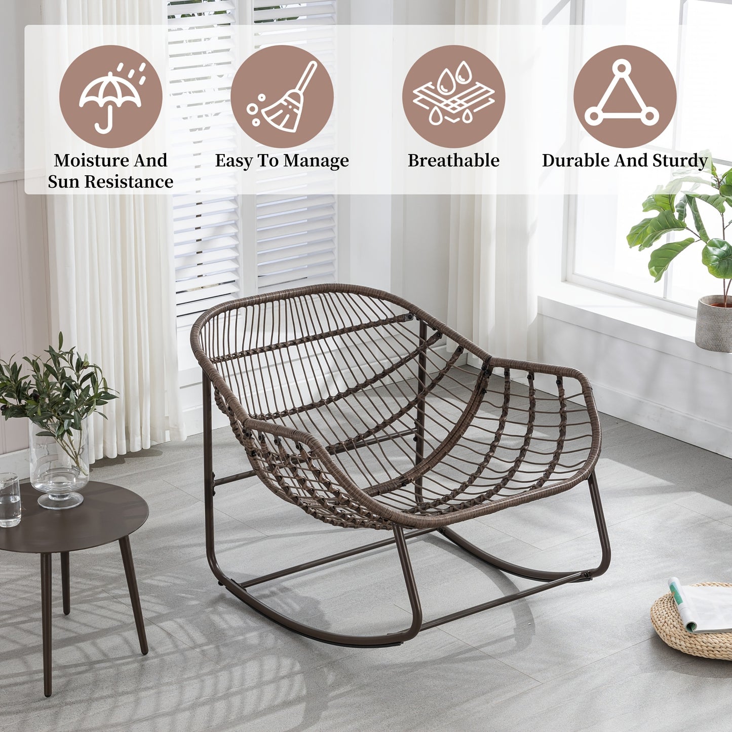 HOMEFUN Outdoor Rattan Rocking Chair with Padded Cushion - Ergonomic Recliner for Front Porch, Living Room, Patio & Garden - Durable Metal Frame, Polished Finish,