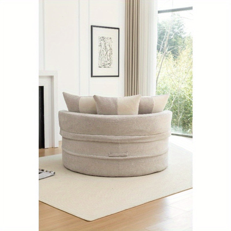 Soft Chenille Barrel Chair with 5 Pillows & Ottoman - Oversized Round Accent Lounge Sofa, Retro Style Plush Gray Fabric, Durable Non-Wood Construction for Living Room, Bedroom, Reading Nook