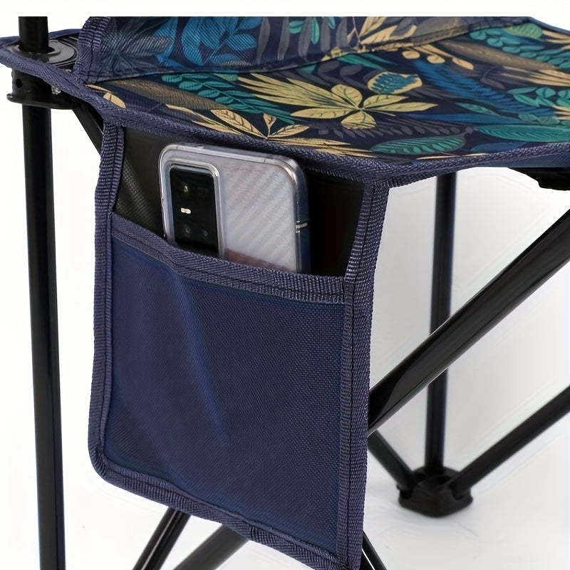 Portable Folding Camping Chair with Floral Backrest & Side Pockets - Lightweight Steel Frame, Durable Oxford Fabric, Compact Foldable Design for Outdoor Fishing,