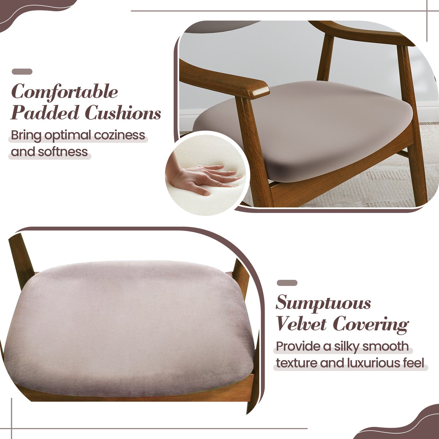 LIFEZEAL Velvet Dining Chair Set of 2 w\u002FPadded Seat & Back Armrests Rubber Wood Frame
