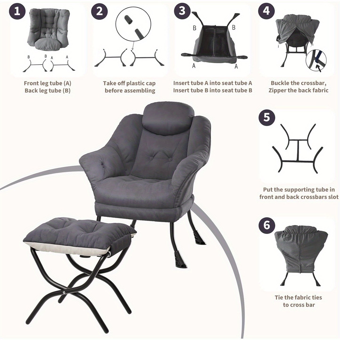 TOWALLMARK Modern Lazy Chair with Ottoman - Ergonomic Armrests, Side Pocket & Footrest, Hardwood Frame & Metal Base, Mixed Color Upholstery,