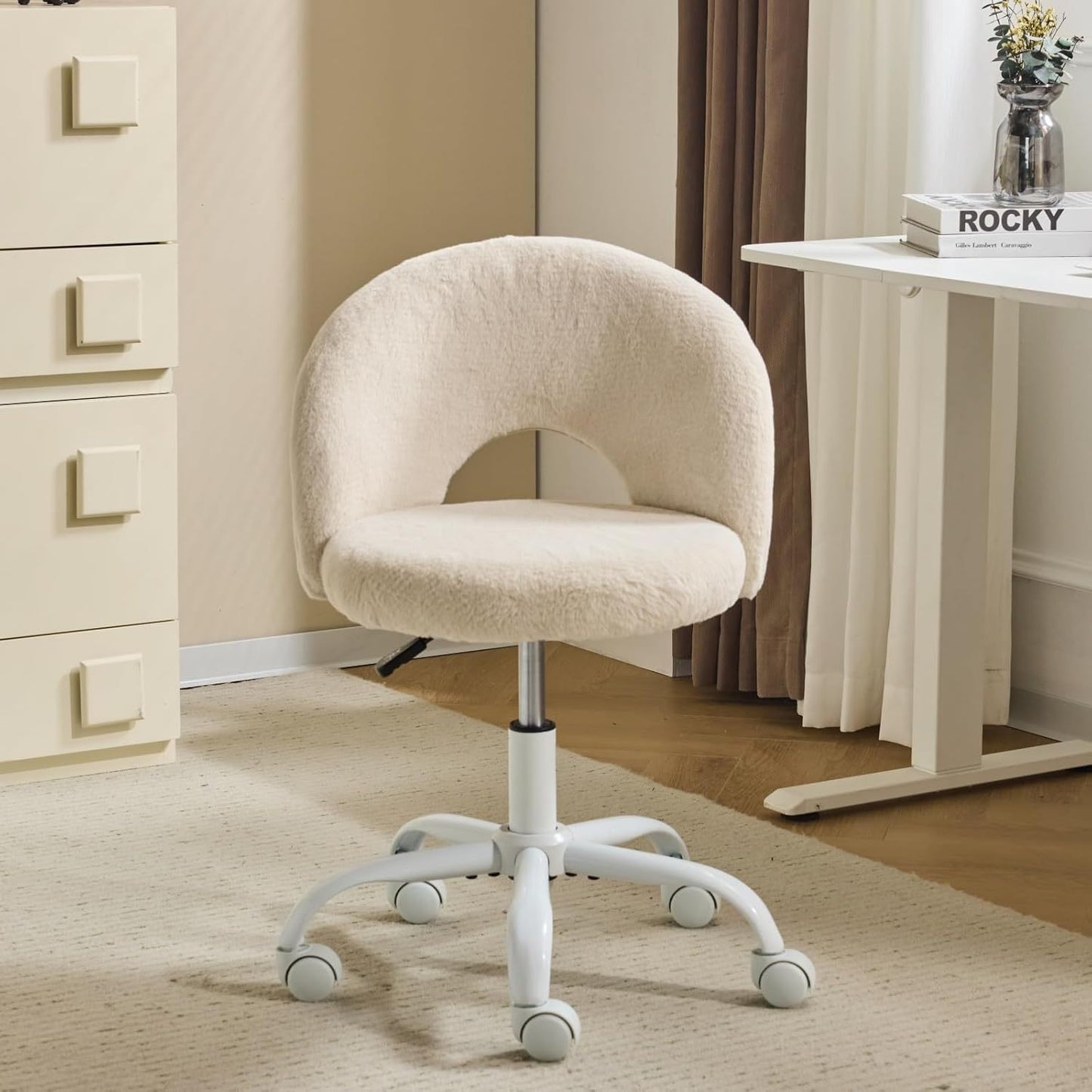 Small Size Living Room Lounge Chair with Faux Fur Cute Dressing Chair, Adjustable Height Armless Desk Chair, 360° Rotation and Comfortable Rolling, Suitable for Study,