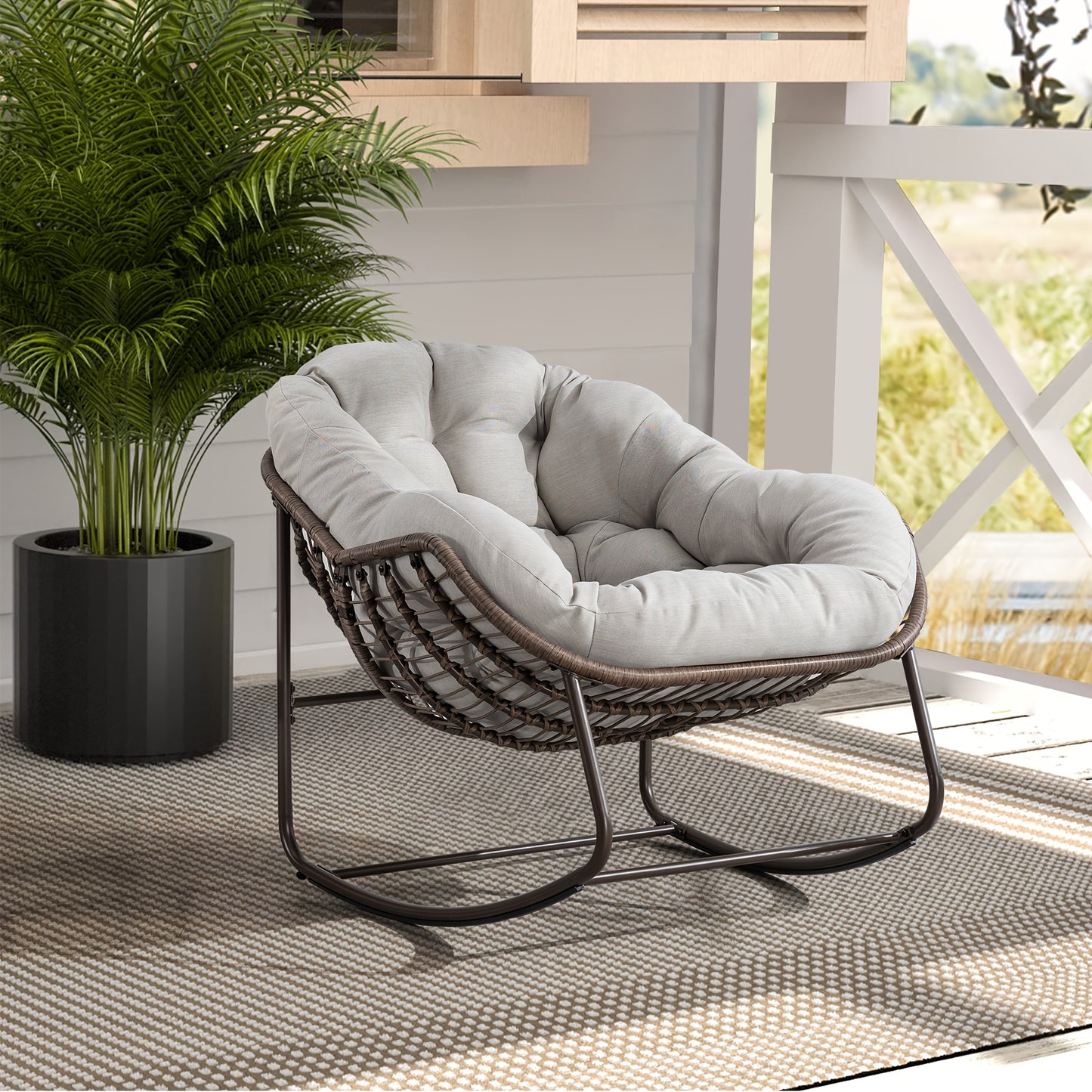 HOMEFUN Outdoor Rattan Rocking Chair with Padded Cushion - Ergonomic Recliner for Front Porch, Living Room, Patio & Garden - Durable Metal Frame, Polished Finish,