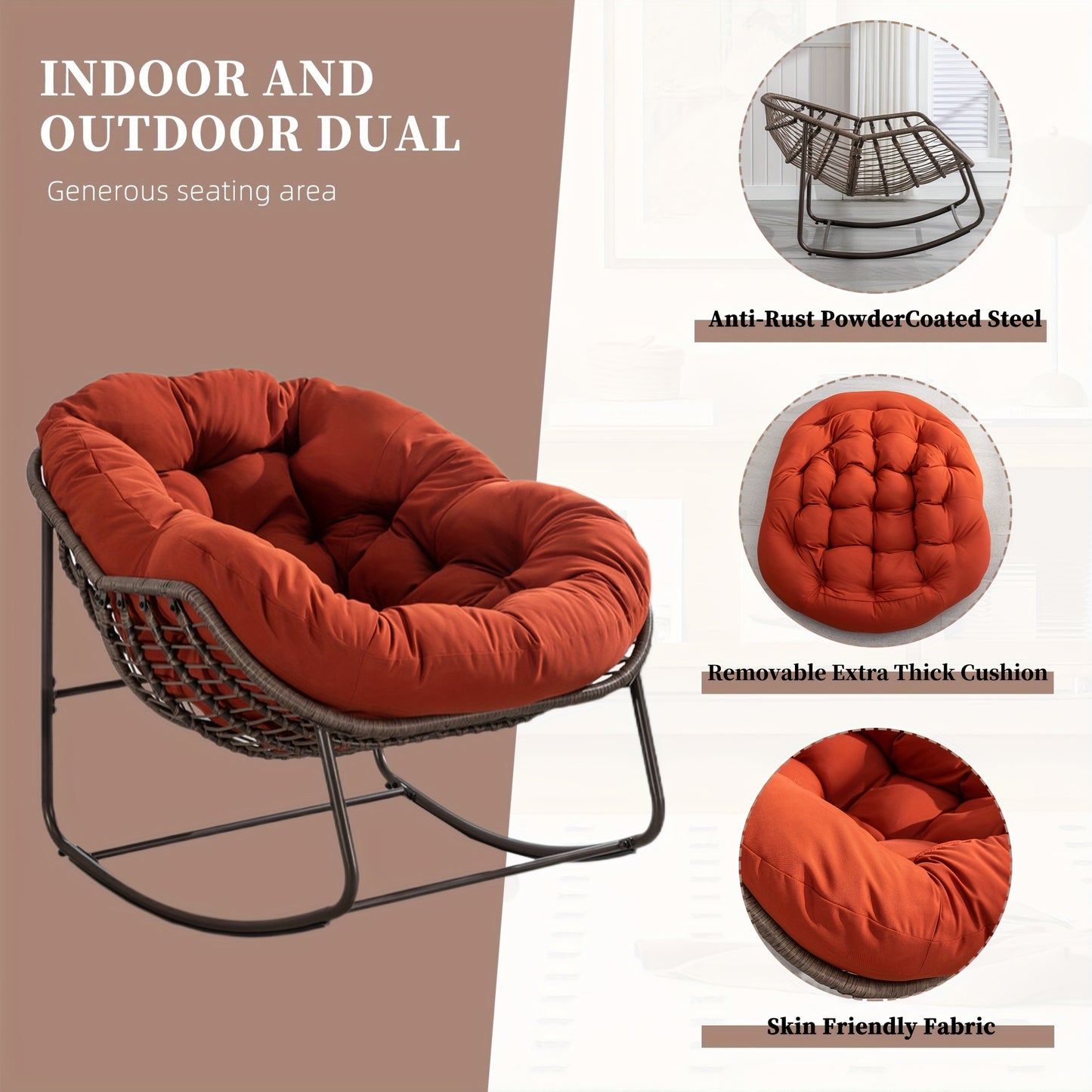 HOMEFUN Outdoor Rattan Rocking Chair with Padded Cushion - Ergonomic Recliner for Front Porch, Living Room, Patio & Garden - Durable Metal Frame, Polished Finish,