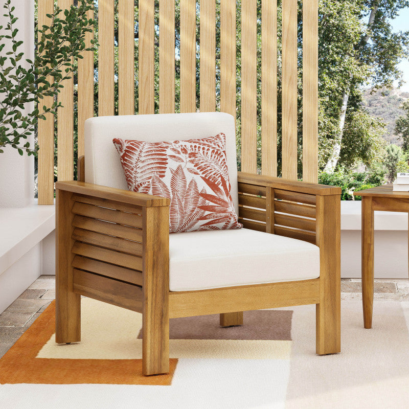 Outdoor Acacia Wood Club Chairs with Cushions Teak+Beige 27.75D x 32W x 27.75H