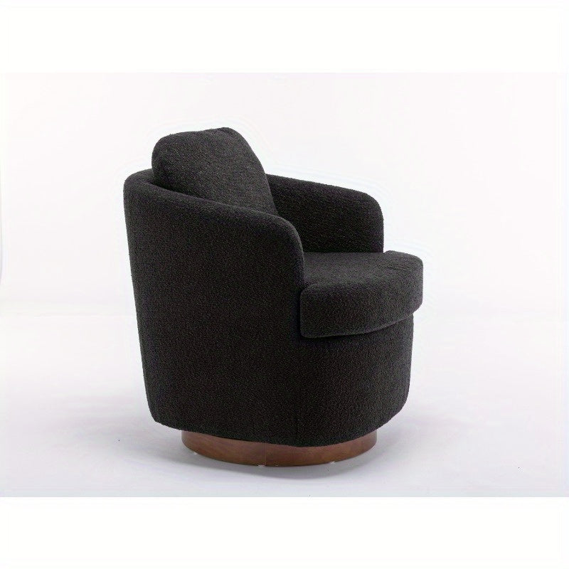 Modern Boucle Fabric Swivel Accent Chair - Black Upholstery, 360-Degree Swivel & Ergonomic Design, No Assembly Required, Solid Brown Base Legs for Living Room,