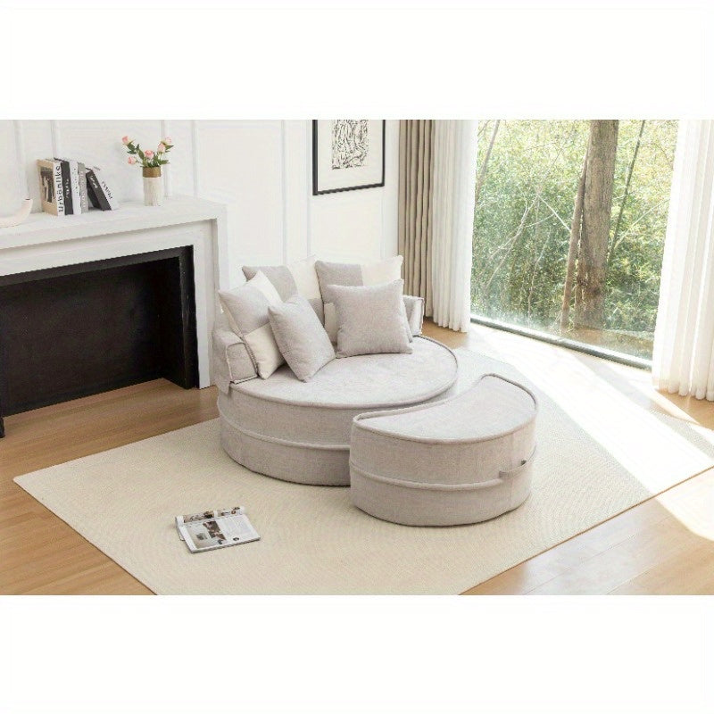 Soft Chenille Barrel Chair with 5 Pillows & Ottoman - Oversized Round Accent Lounge Sofa, Retro Style Plush Gray Fabric, Durable Non-Wood Construction for Living Room, Bedroom, Reading Nook