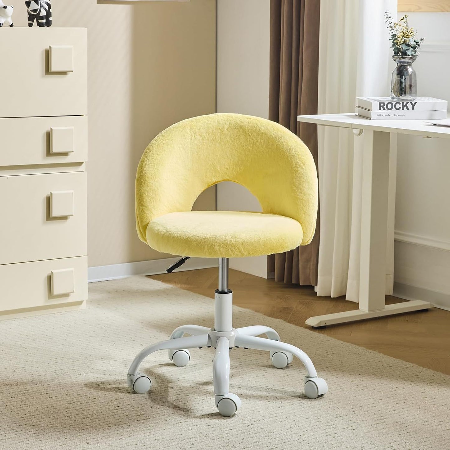 Small Size Living Room Lounge Chair with Faux Fur Cute Dressing Chair, Adjustable Height Armless Desk Chair, 360° Rotation and Comfortable Rolling, Suitable for Study,