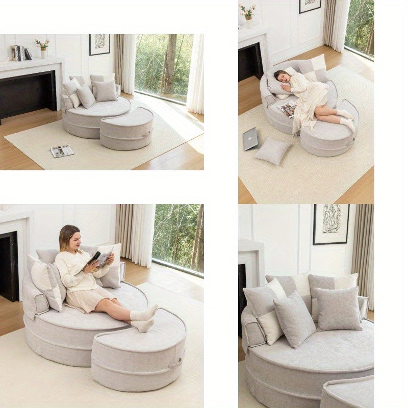 Soft Chenille Barrel Chair with 5 Pillows & Ottoman - Oversized Round Accent Lounge Sofa, Retro Style Plush Gray Fabric, Durable Non-Wood Construction for Living Room, Bedroom, Reading Nook