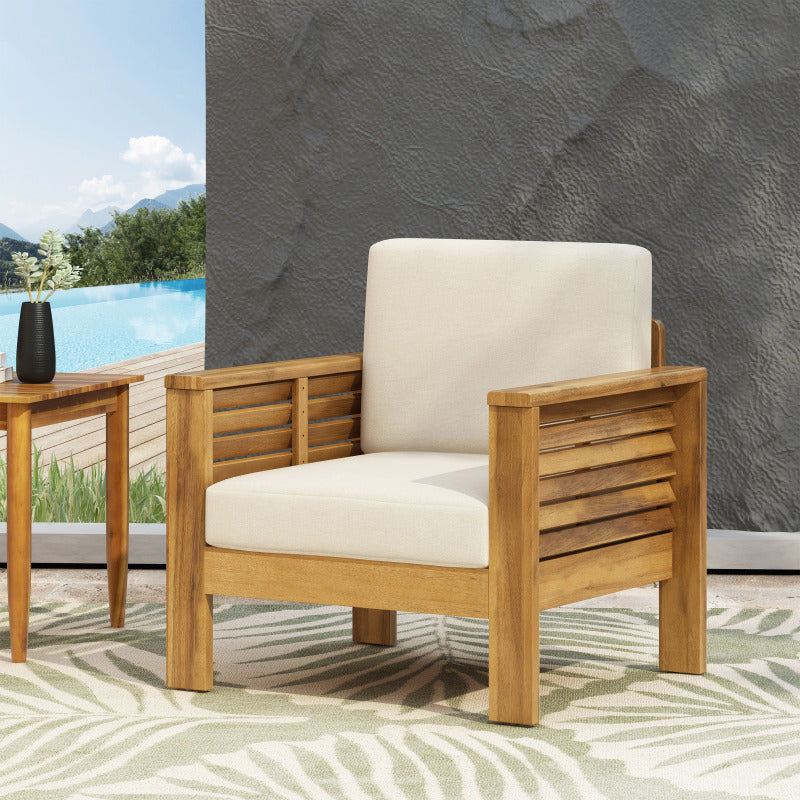Outdoor Acacia Wood Club Chairs with Cushions Teak+Beige 27.75D x 32W x 27.75H