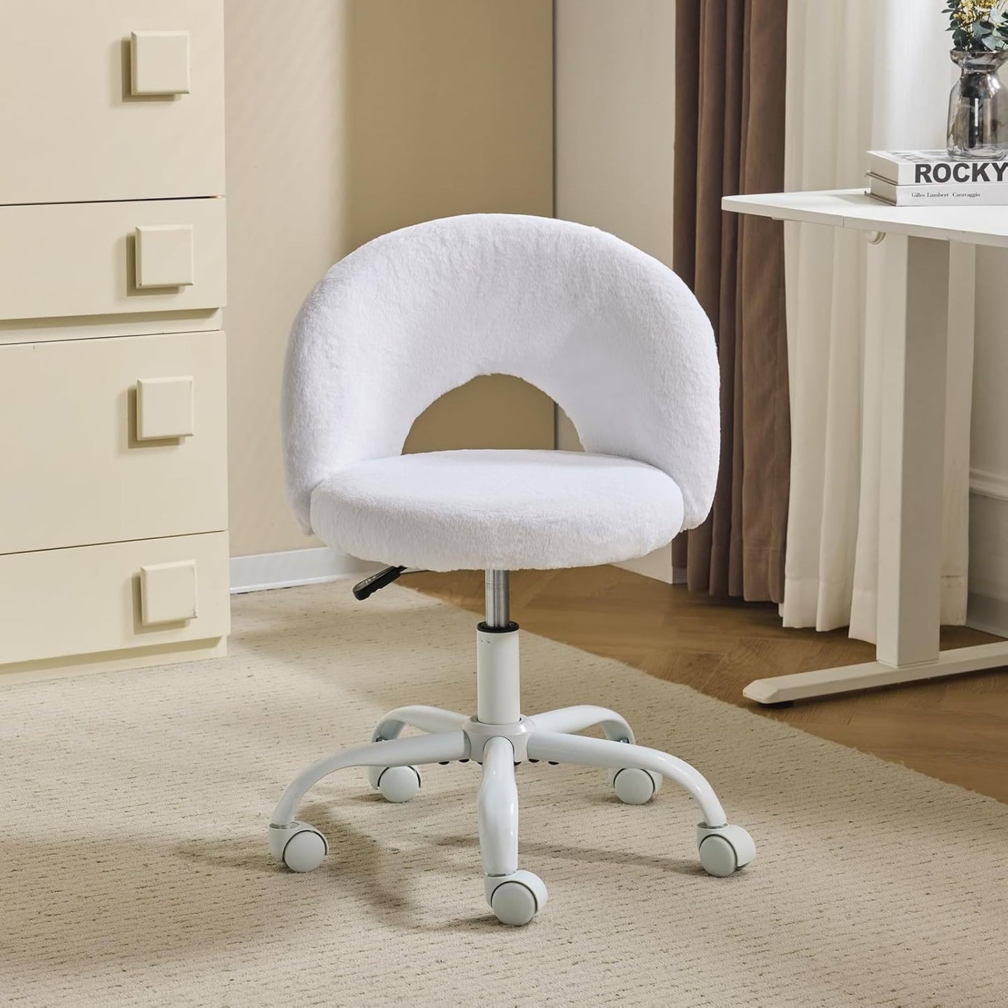Small Size Living Room Lounge Chair with Faux Fur Cute Dressing Chair, Adjustable Height Armless Desk Chair, 360° Rotation and Comfortable Rolling, Suitable for Study,