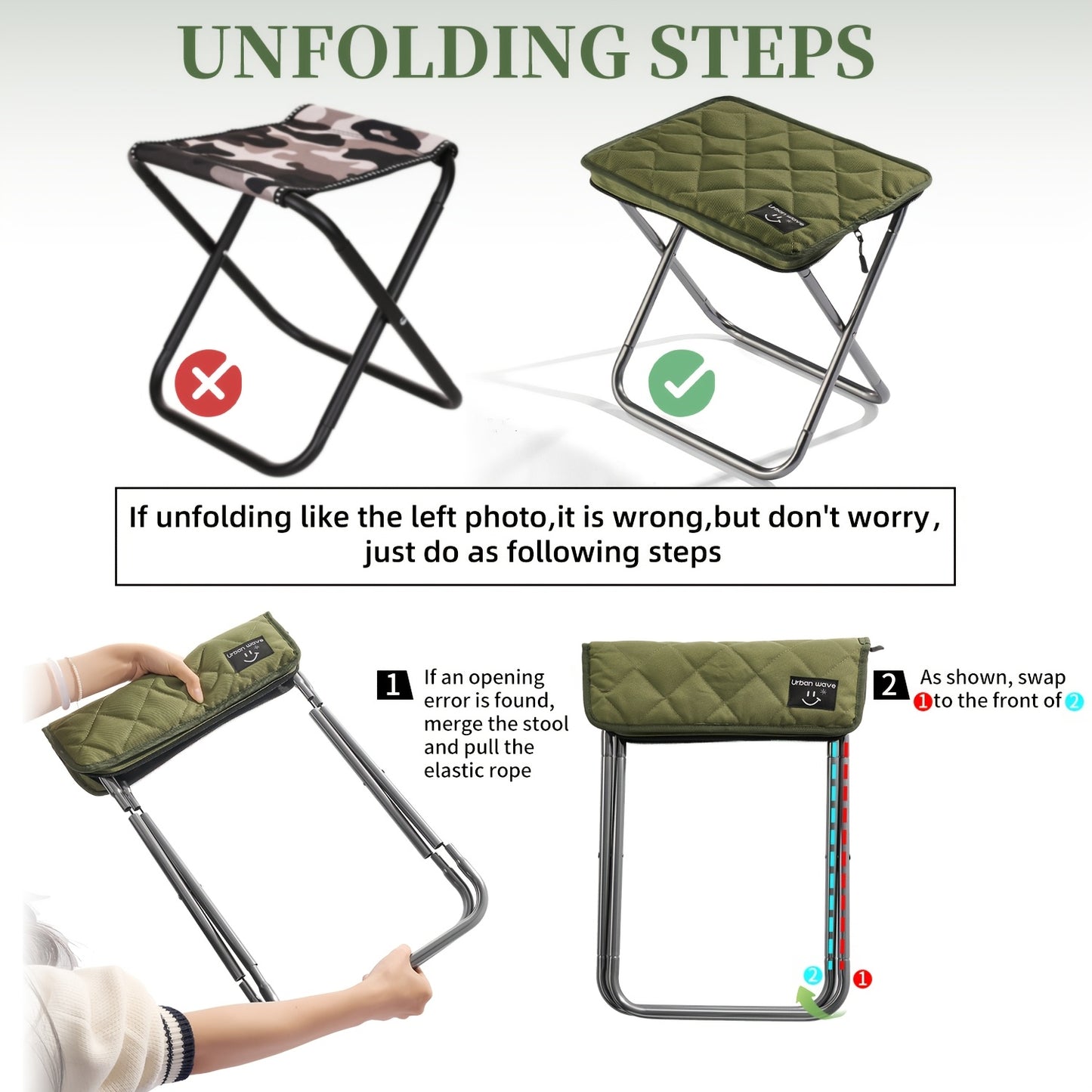 URBANWAVE Portable Folding Stool - Lightweight Aluminum Alloy Square Chair with Quilted Design, Ideal for Camping, Picnics, and Travel, Includes Carrying Bag,