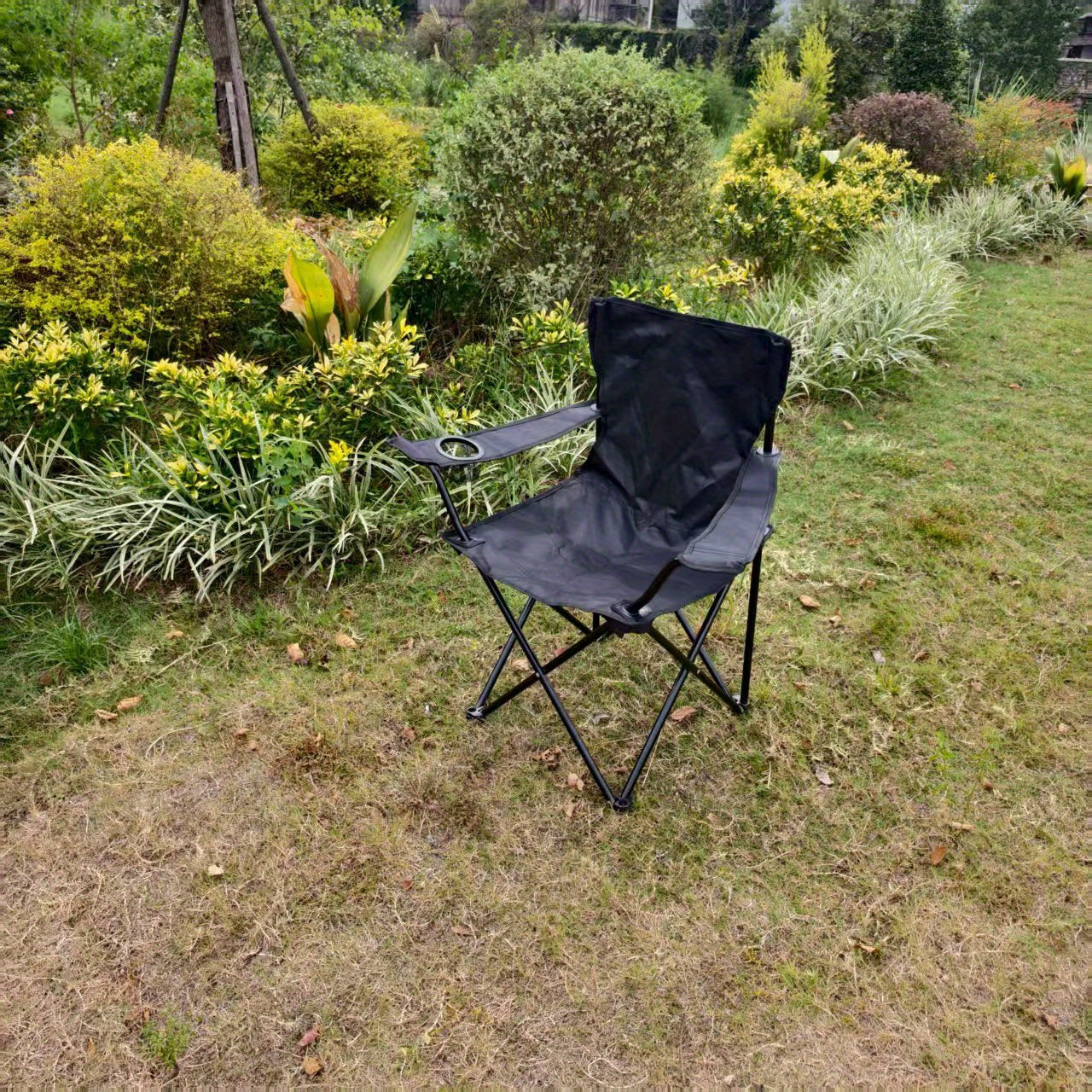 Portable Folding Camping Chair with Adjustable Backrest - Lightweight Outdoor Fishing & Picnic Chair, Durable Black Frame
