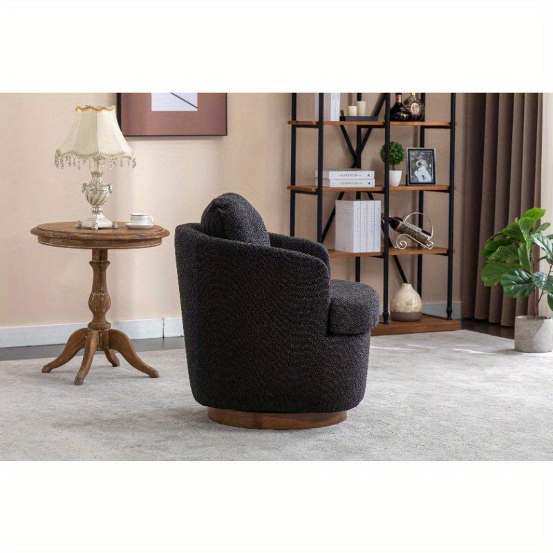 Modern Boucle Fabric Swivel Accent Chair - Black Upholstery, 360-Degree Swivel & Ergonomic Design, No Assembly Required, Solid Brown Base Legs for Living Room,