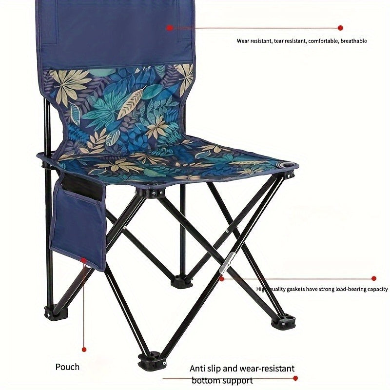 Portable Folding Camping Chair with Floral Backrest & Side Pockets - Lightweight Steel Frame, Durable Oxford Fabric, Compact Foldable Design for Outdoor Fishing,