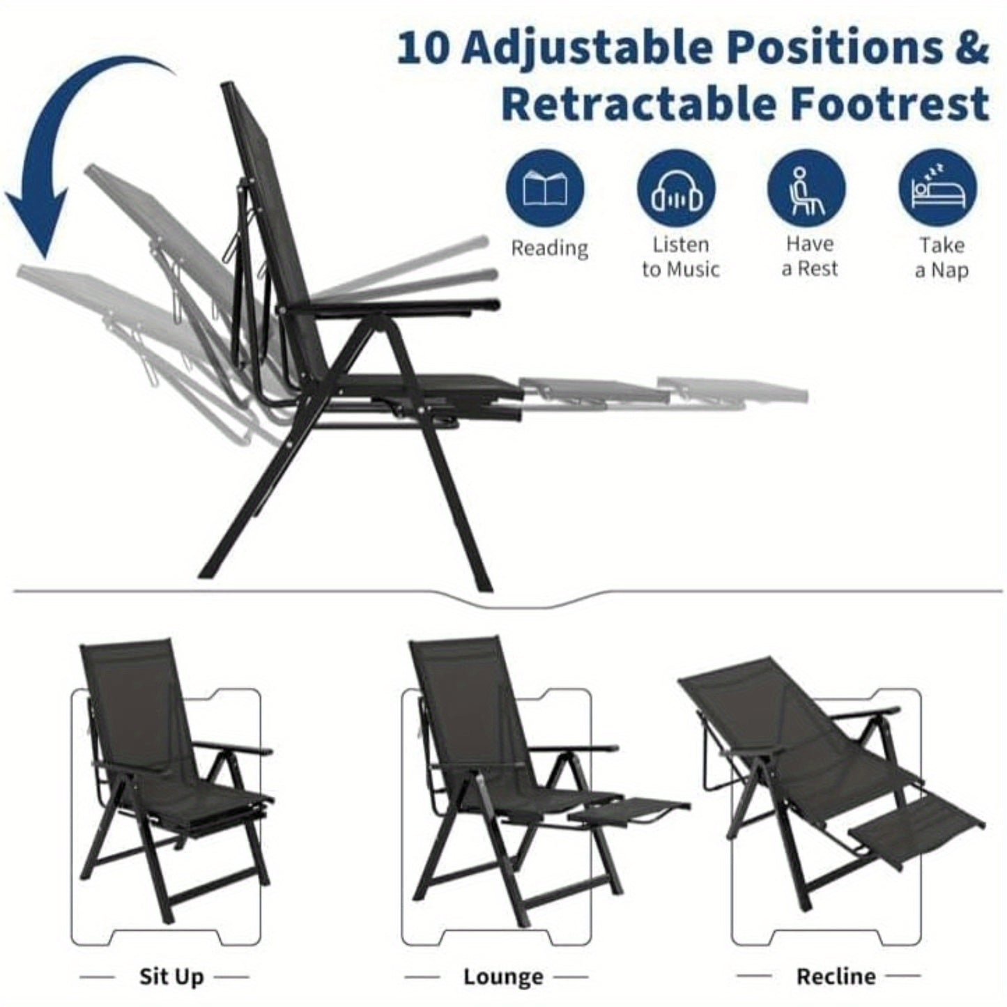 1pc MERXENG Heavy Duty Adjustable Reclining Folding Chair with Foot Rest & Widened Armrests - Durable Metal Frame, Manual Handle Adjustment, Foldable Design