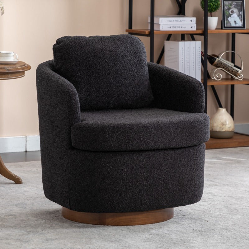 Modern Boucle Fabric Swivel Accent Chair - Black Upholstery, 360-Degree Swivel & Ergonomic Design, No Assembly Required, Solid Brown Base Legs for Living Room,