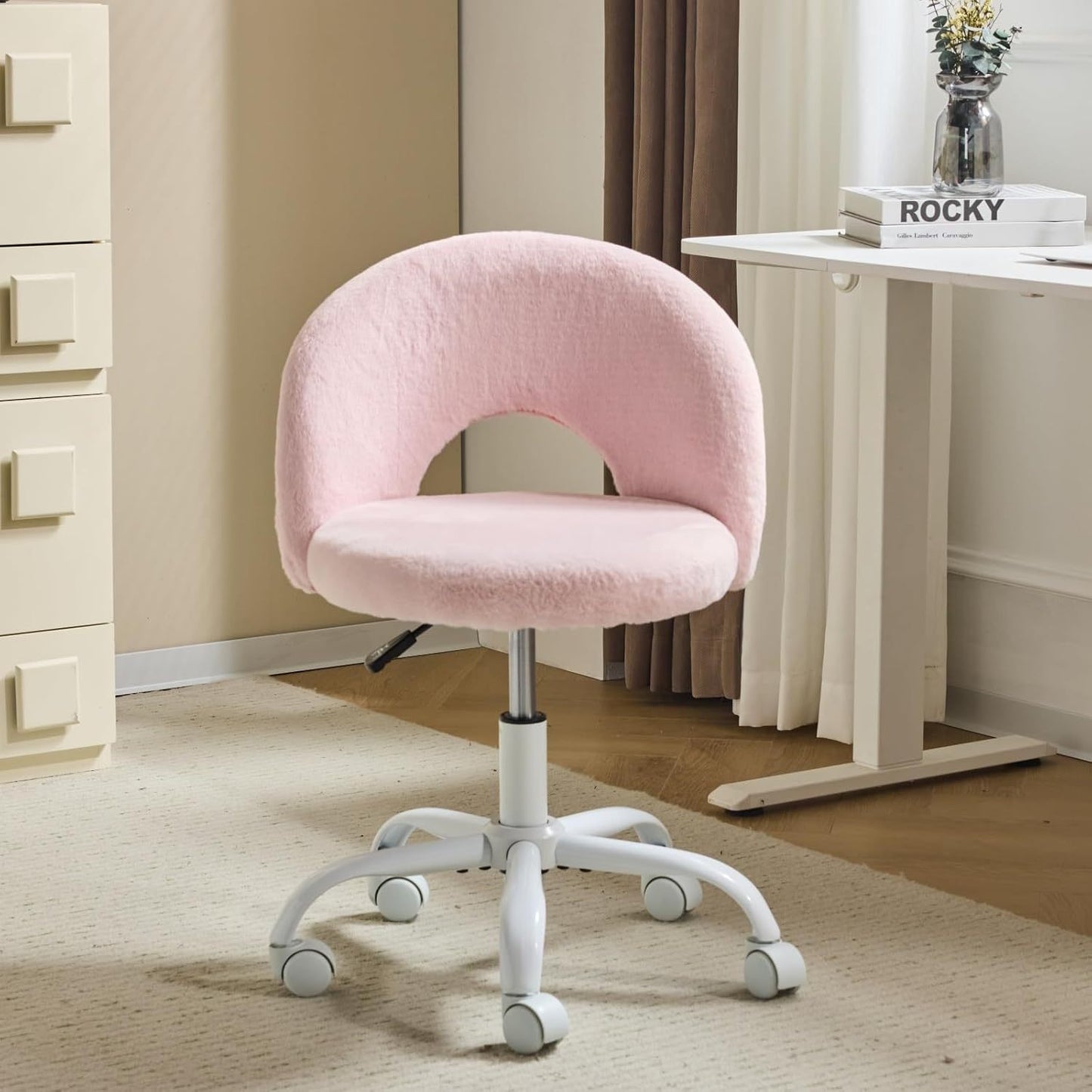 Small Size Living Room Lounge Chair with Faux Fur Cute Dressing Chair, Adjustable Height Armless Desk Chair, 360° Rotation and Comfortable Rolling, Suitable for Study,