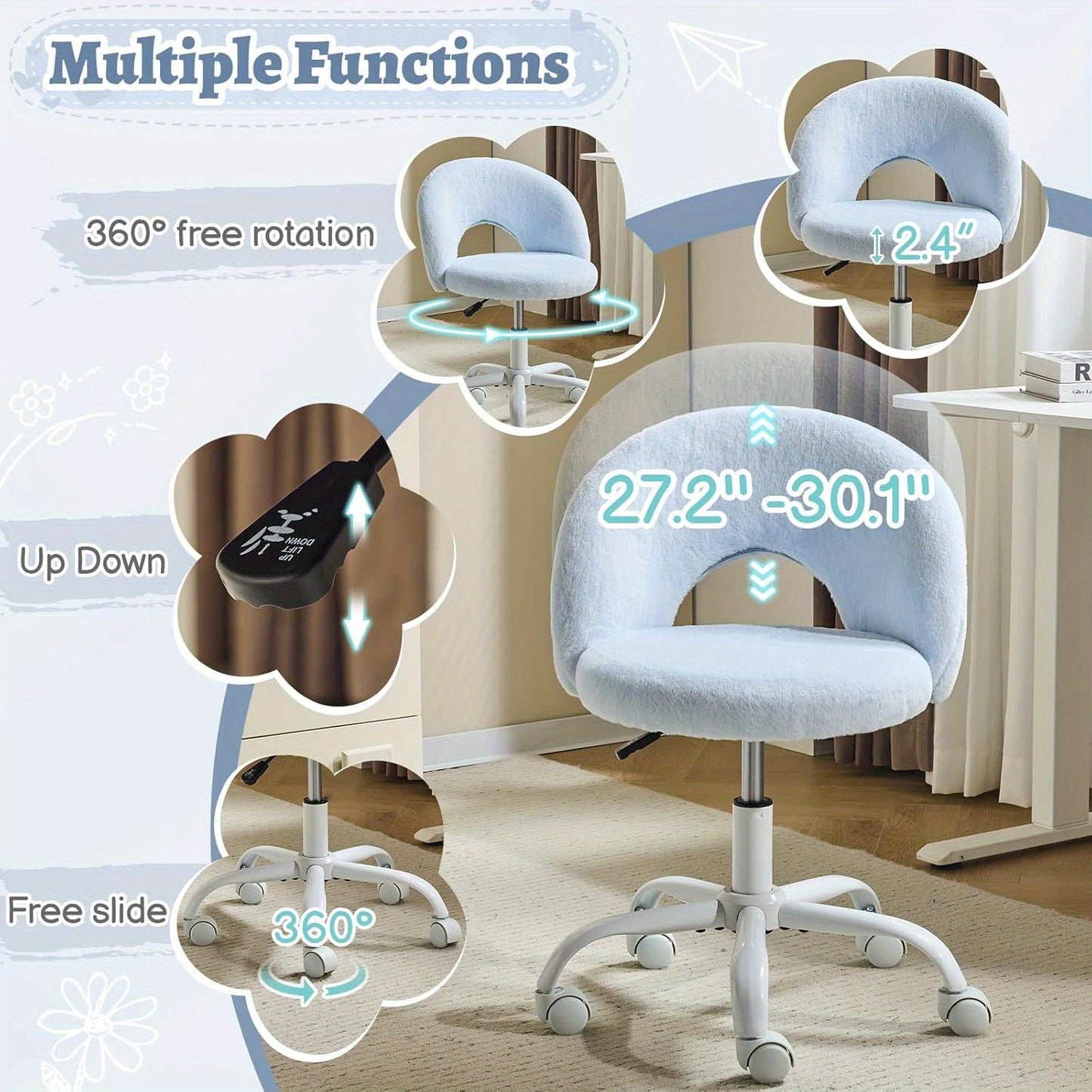 Small Size Living Room Lounge Chair with Faux Fur Cute Dressing Chair, Adjustable Height Armless Desk Chair, 360° Rotation and Comfortable Rolling, Suitable for Study,
