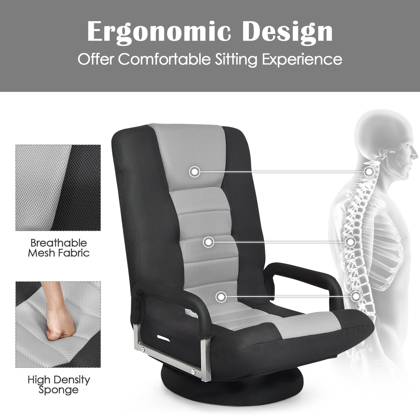 1pc LIFEZEAL Ergonomic Folding Gaming Chair, 5-Position Adjustable Backrest, Metal Frame, Mesh Weave, Swivel Lazy Sofa for Relaxation, Meditation,