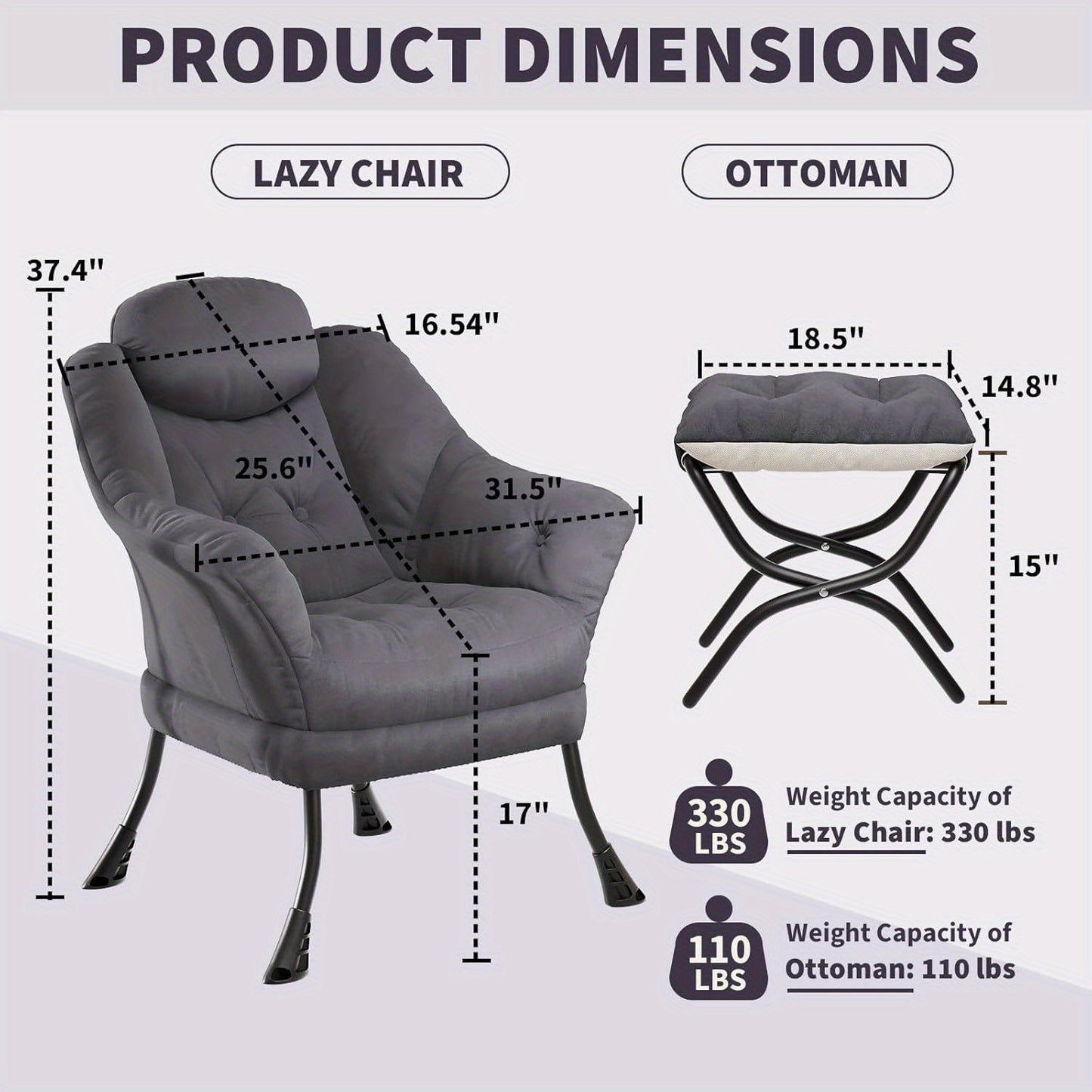 TOWALLMARK Modern Lazy Chair with Ottoman - Ergonomic Armrests, Side Pocket & Footrest, Hardwood Frame & Metal Base, Mixed Color Upholstery,