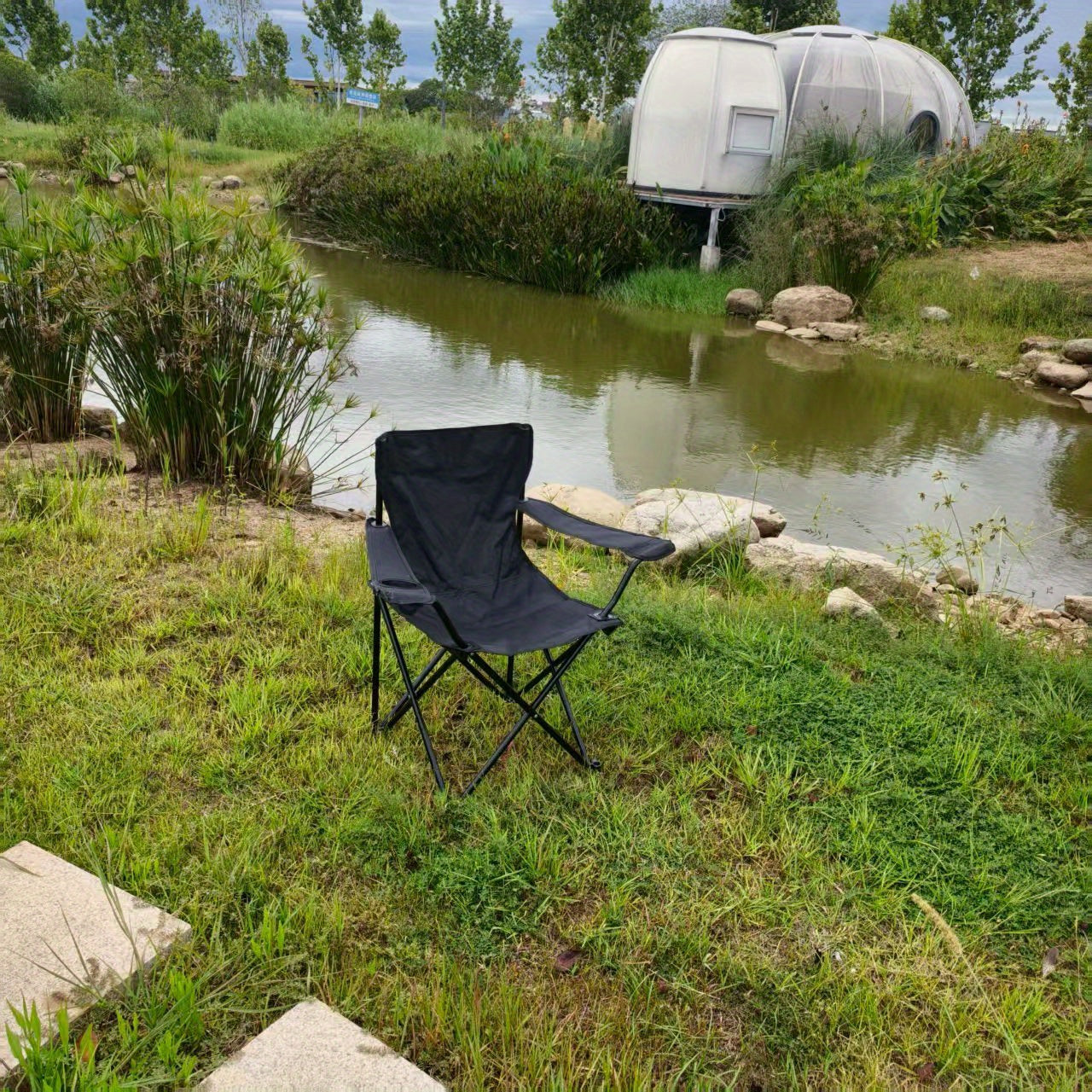 Portable Folding Camping Chair with Adjustable Backrest - Lightweight Outdoor Fishing & Picnic Chair, Durable Black Frame