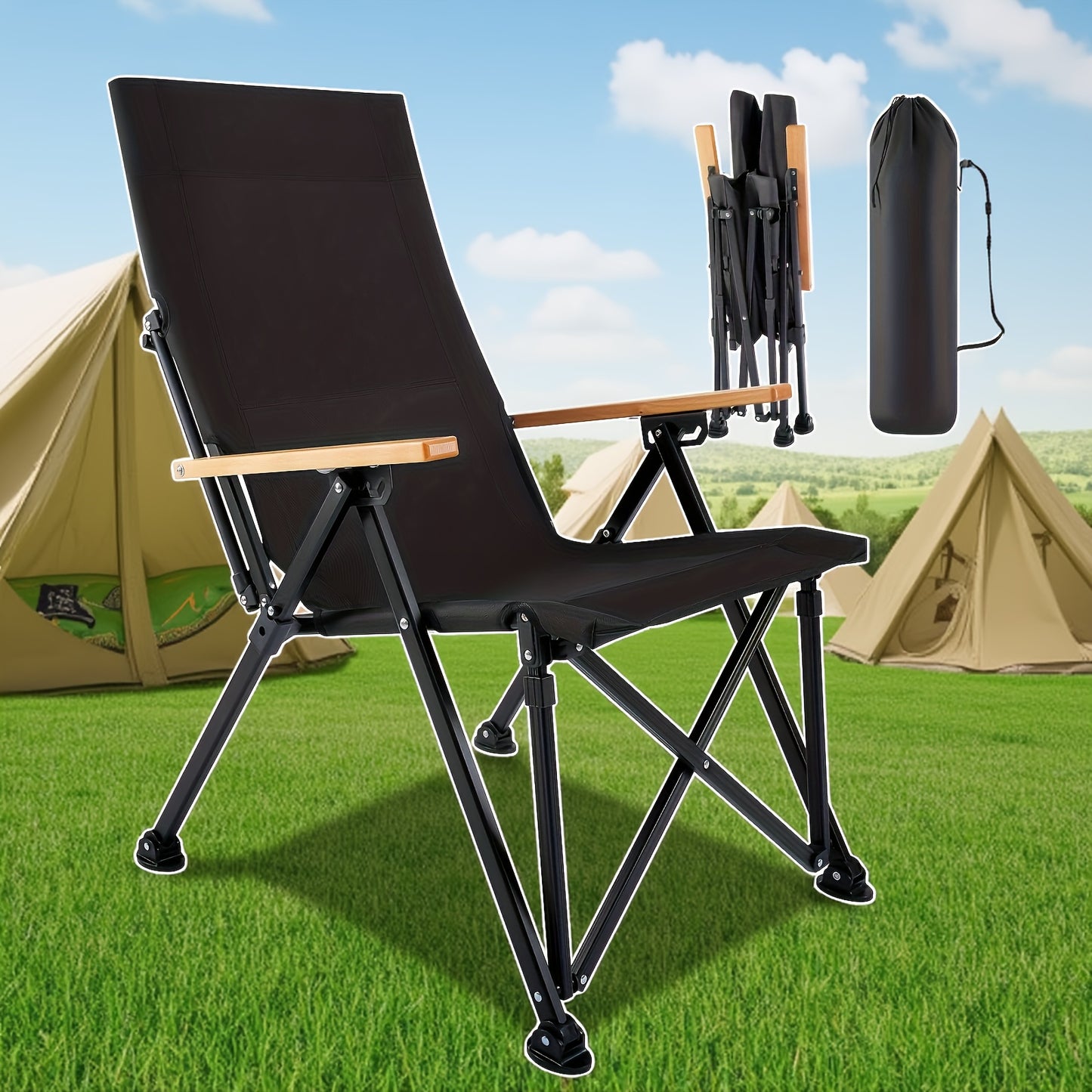 Portable Folding Camping Chair with Armrests - Lightweight Outdoor Beach & Picnic Chair, Ergonomic Design, Durable Black Frame & Orange Accents,