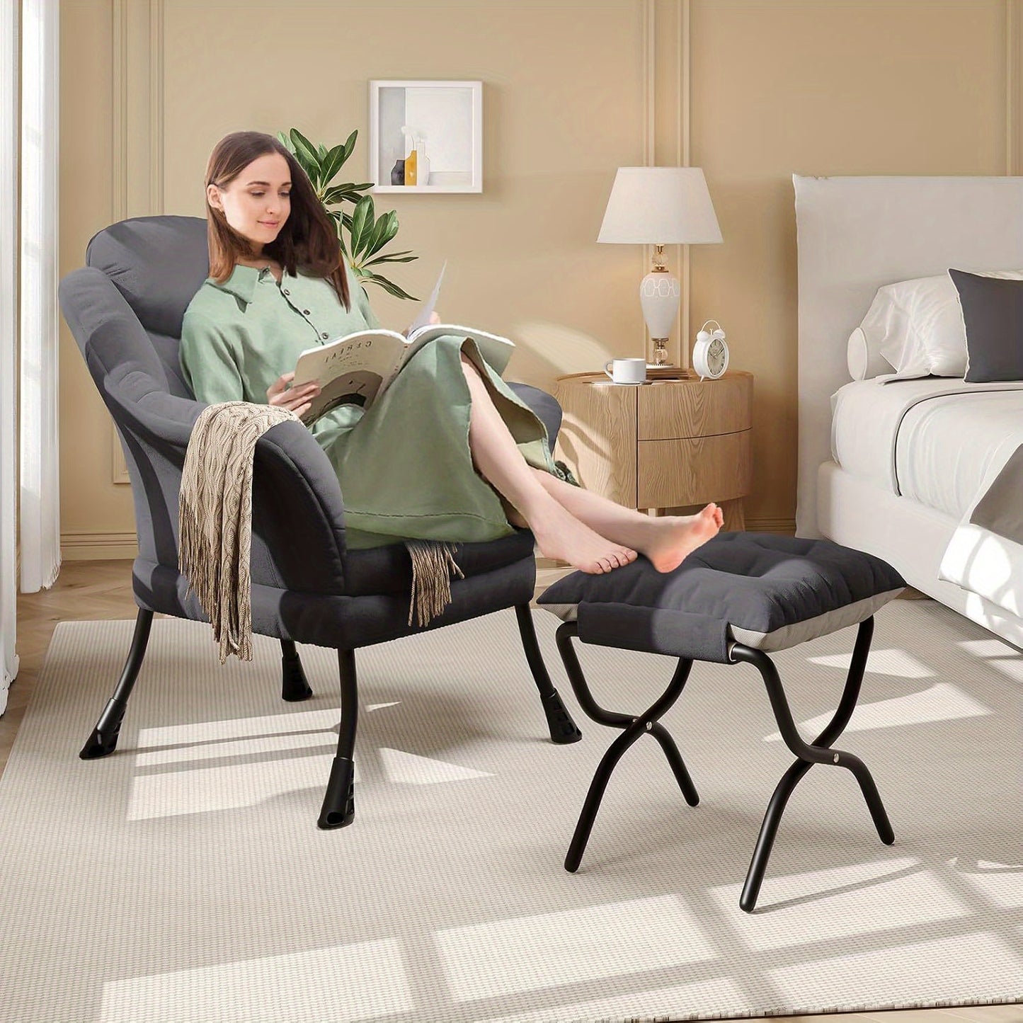 TOWALLMARK Modern Lazy Chair with Ottoman - Ergonomic Armrests, Side Pocket & Footrest, Hardwood Frame & Metal Base, Mixed Color Upholstery,